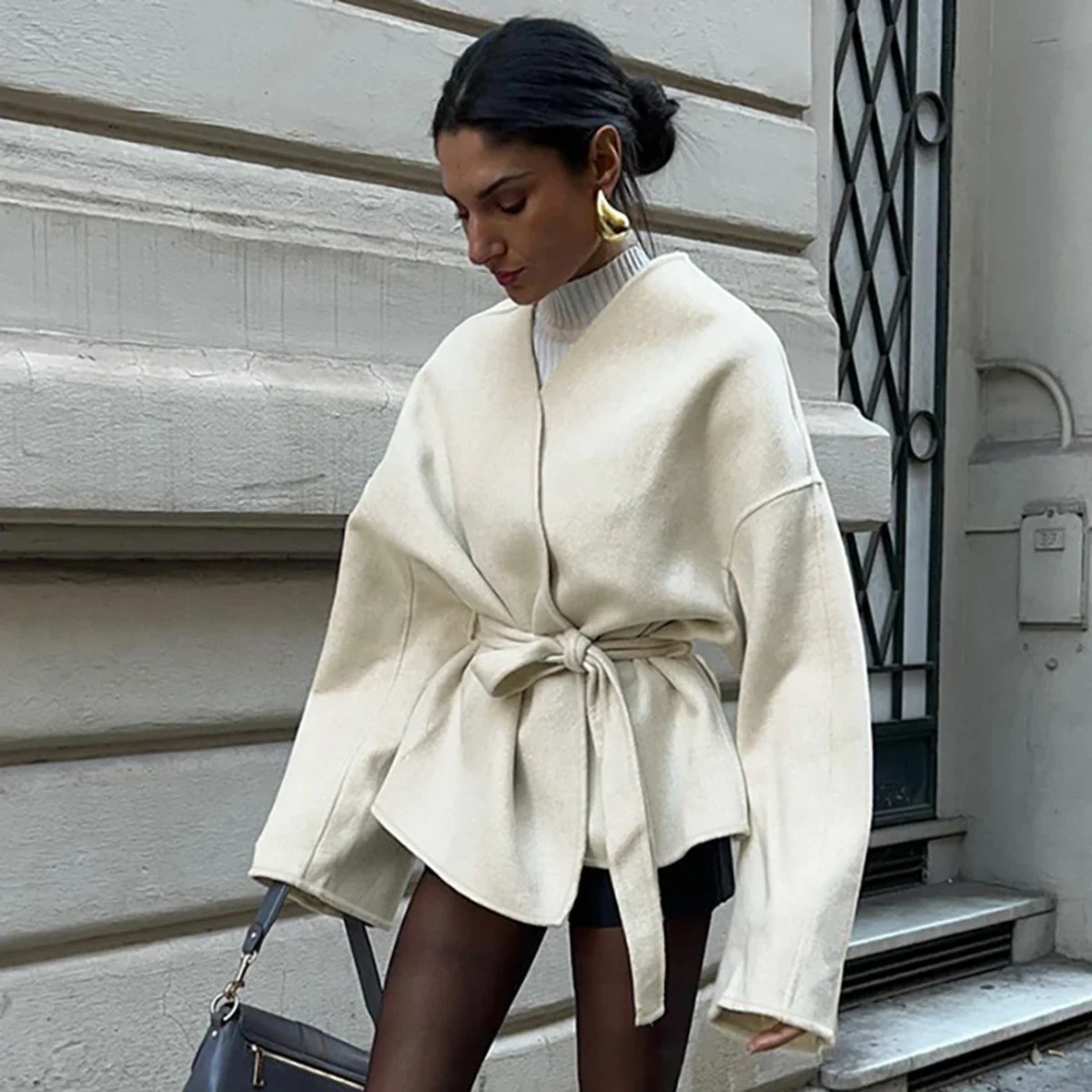 Elegante Wolljacke mit Gürtel und Schnürung für Damen, Herbstmode, Langarm, Kurze Jacke, 2025 Neue Damen-Streetwear-Oberbekleidung – Detail 10
