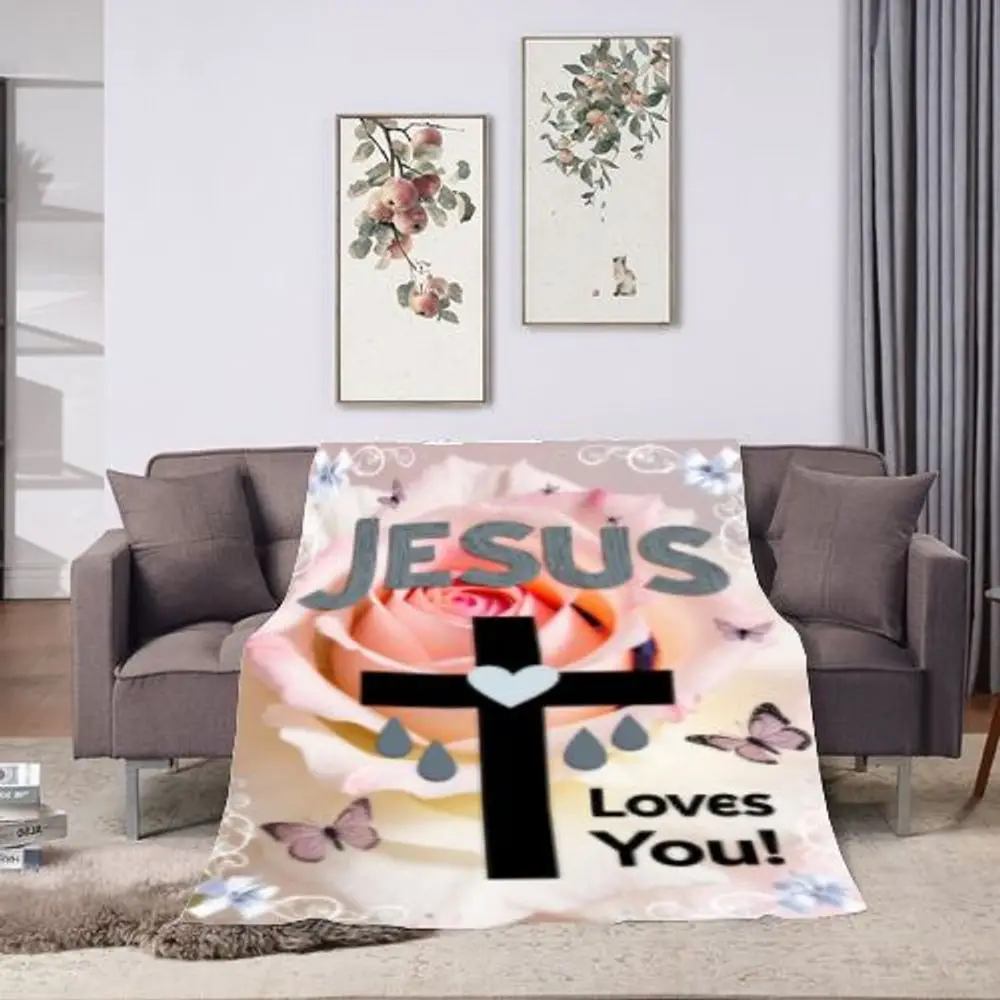 ¡Jus Jesús te ama! Manta cristiana inspiradora con diseño de rosa rosa suave y cruz negra: acogedora manta para fe y L
