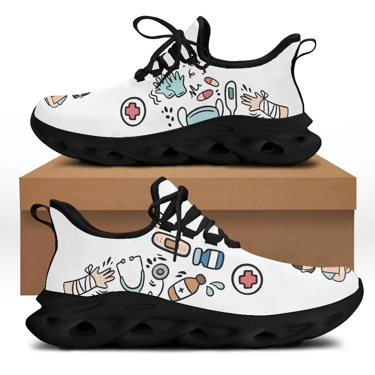 Yikeluo Cartoon Medicine Pattern Ladies Platform Nurse Shoes  Breathable Lace up Mesh Swing Sneakers Female Walk Footwear 2022
