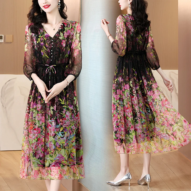 2024 Spring Summer Floral Silk Beach Maxi Sundress Women Boho Fashion Casual Light Dress Korean Elegant Luxury Festival Vestidos