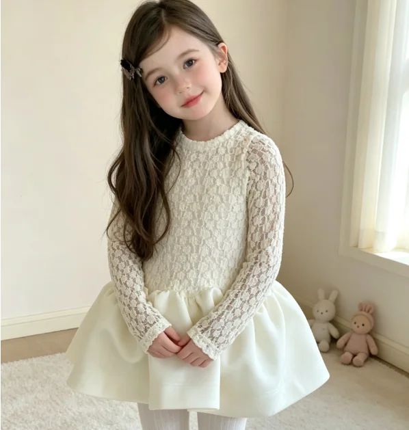 Girls' Dress 2026 Autumn and Winter New Children's Clothing Korean Style Girl Baby Temperament Stitching Satin Knitted Dress
