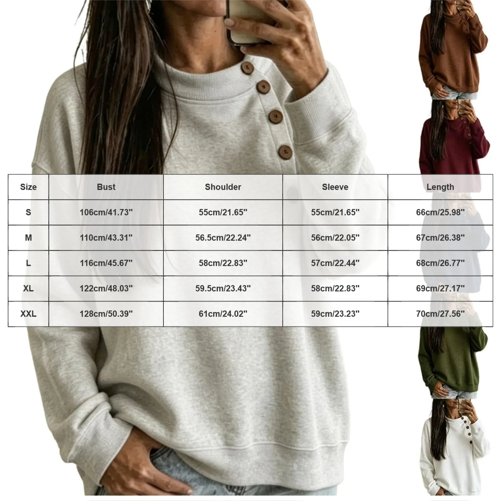 Crew Neck Sweatshirts Women Fleece Pullover Side Button Tops Fall Cute Shirt