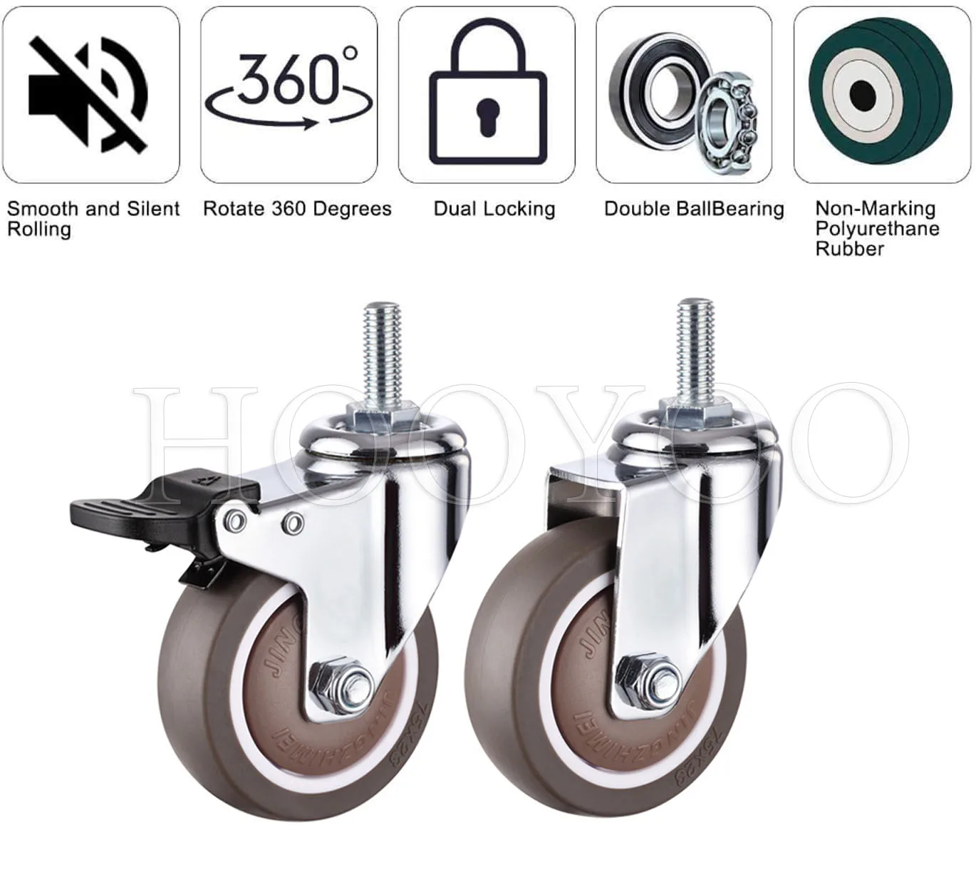 4 Inch Swivel Rubber Caster Durable Industrial M12x25mm Threaded Stem Locking Castors for Furniture Shelving Carts
