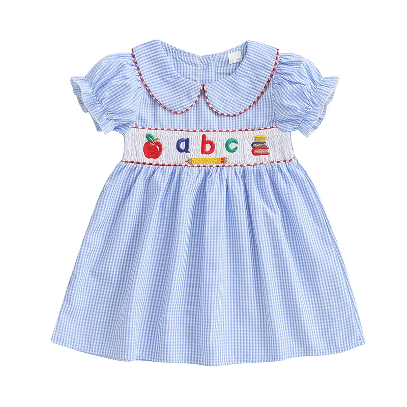 Pudcoco Kleinkind Baby Mädchen Kleid Brief Apple Stickerei Plaid Puppe Kragen Kurzarm Casual Kleid Kinder Sommer Kleid 1-7T