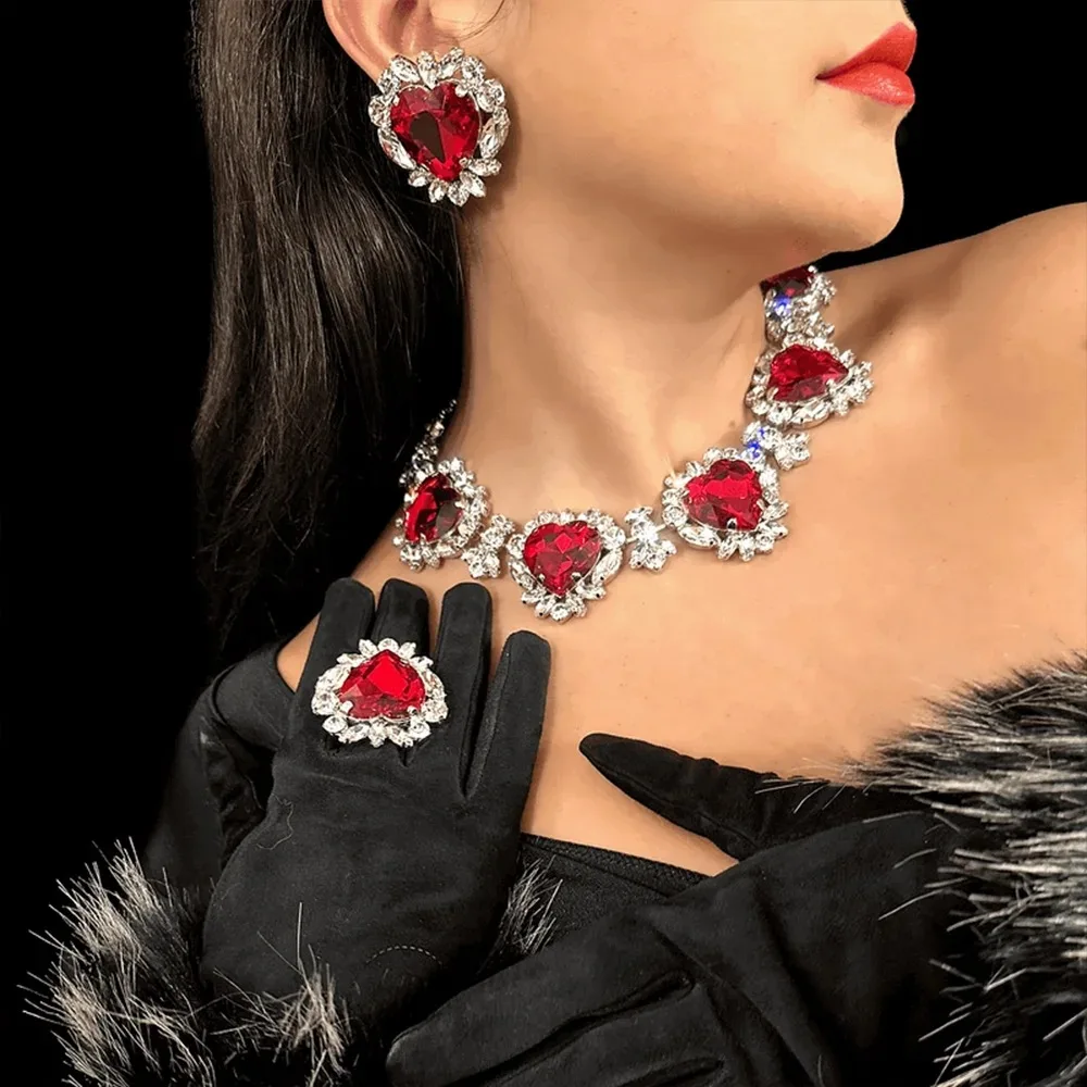 Exaggerated Rhinestone Red Heart Necklace Earrings Ring Set Women Fashion Romantic Jewelry Set Light Luxury Banquet Wedding Gift
