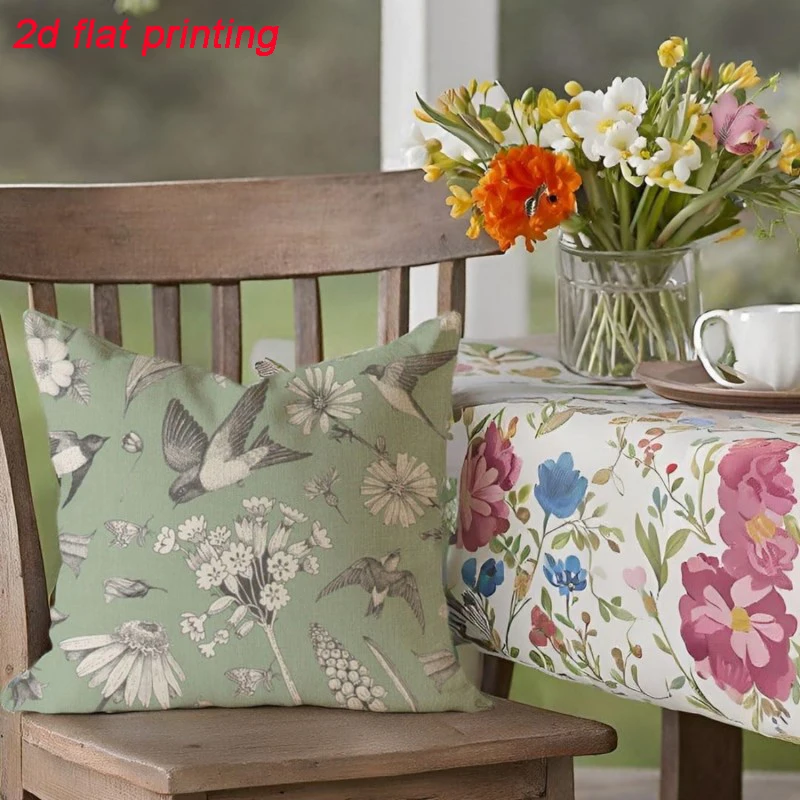 

2pcs 2d Flat Printing Vintage Floral Decor Throw Pillow Covers Set- Sage Green with Black& White Floral Bird Pattern