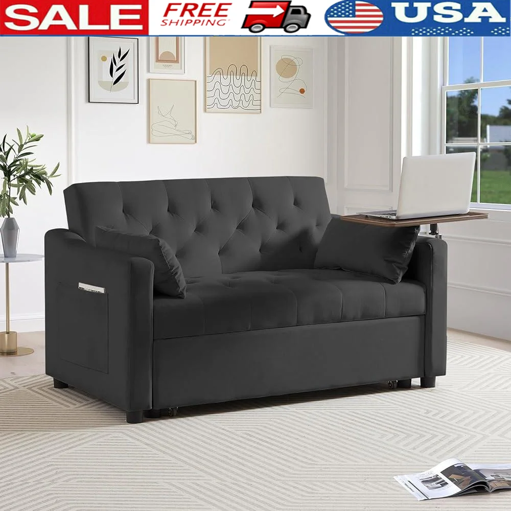 3 in 1 Convertible Sofa Bed Adjustable Backrest Loveseat Sleeper Small Pull Out Couch Rotating Side Table Compact Living Room