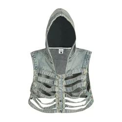 Hollowed Out Skeleton Hooded Denim Vest for Men's Distressed Shoulder Cuff Trendy Vintage Washed Ripped Sleeveless Denim Jackets