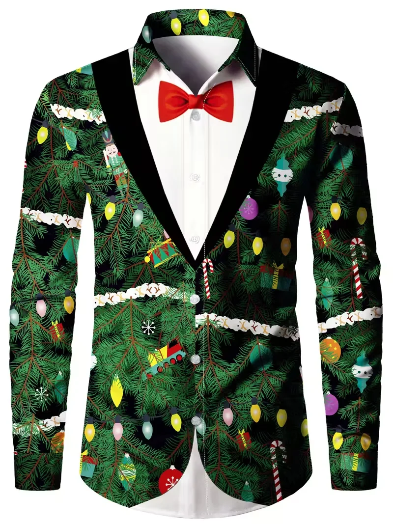 Camicia natalizia da uomo con stampa albero di Natale a maniche lunghe, verde vacanza e decorazioni, colletto abbottonato, camicia natalizia casual e formale regolare