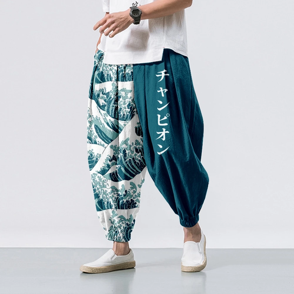 Grote Golf van Kanagawa Crane Splicing Gedrukt Casual Strand Harembroek Mannen Hip Hop Negen Punten Broek Jogger Joggingbroek