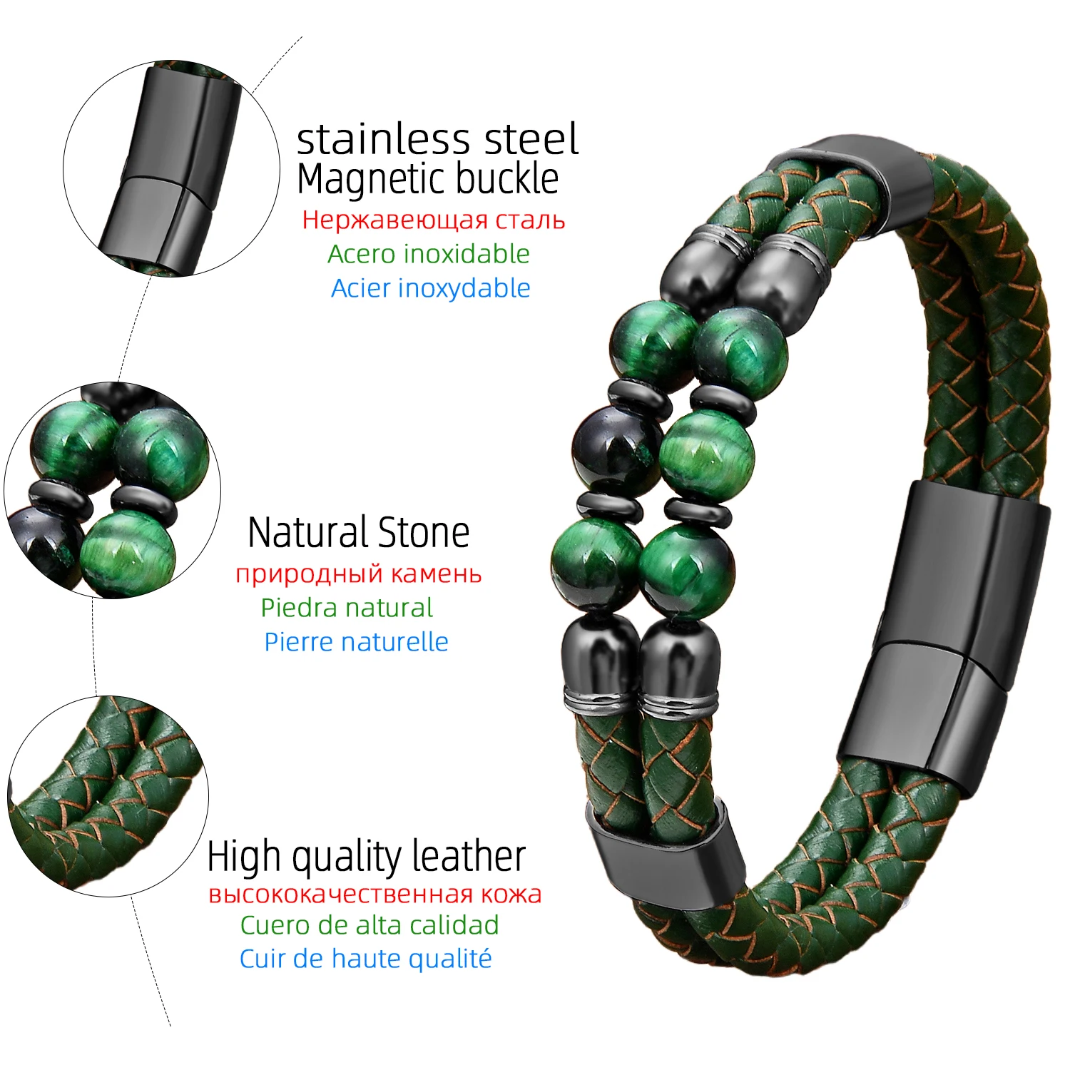 New in Natural Quartz Bracelet for Man Women Stainless Steel Buckle Tiger Eye Stone Beaded Premium Jewelry and Accessories