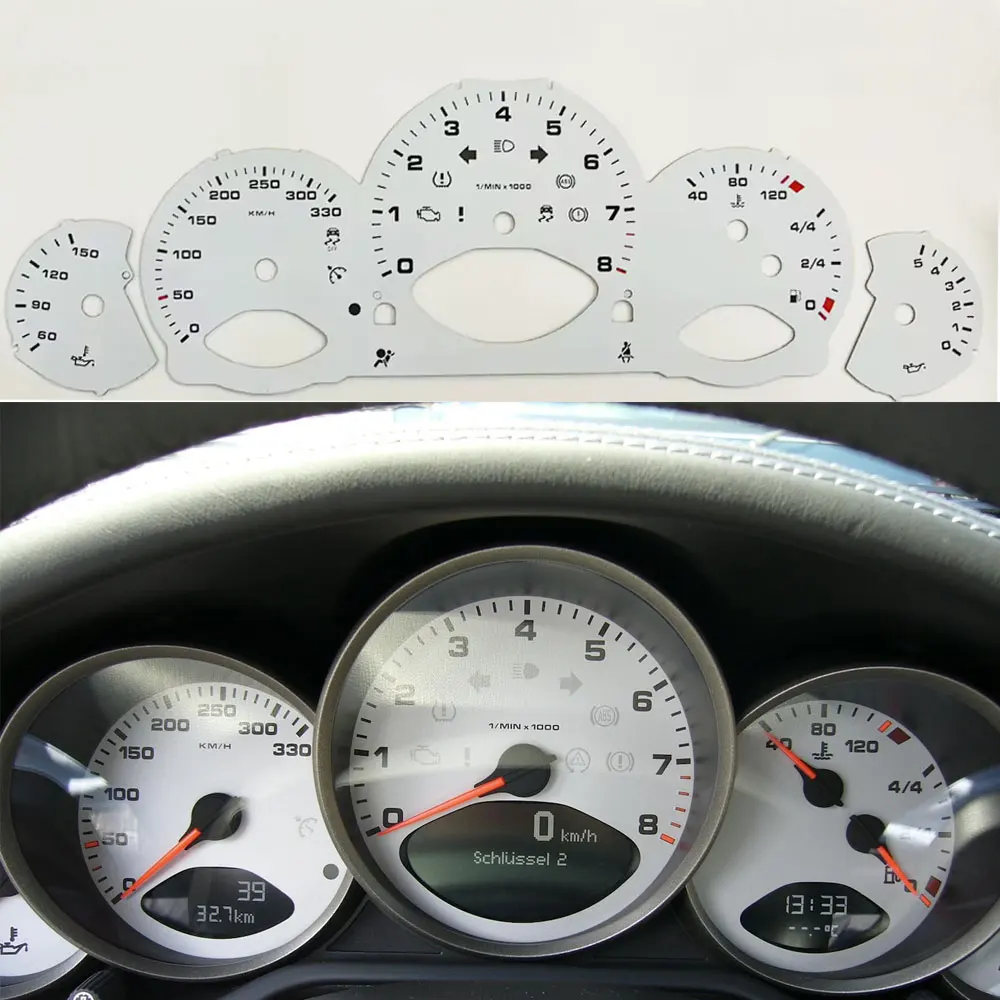 8000 U/min 330 km/h Tacho-Zifferblatt-Overlay für Porsche 911 997 Carrera Instrumentencluster Rot Weiß Gelb – Detail 3