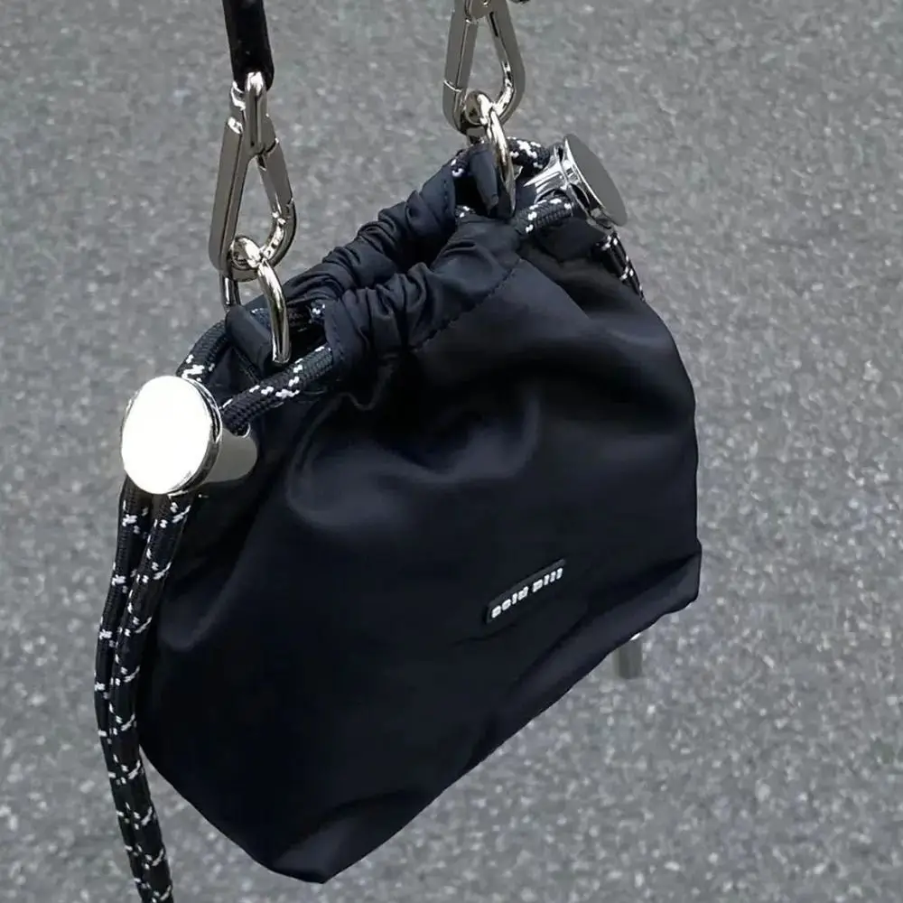 Korean Style Black Drawstring Bucket Bag Simple Luxury Nylon INS Shoulder Bag Portable Fashion Crossbody Bags Travel