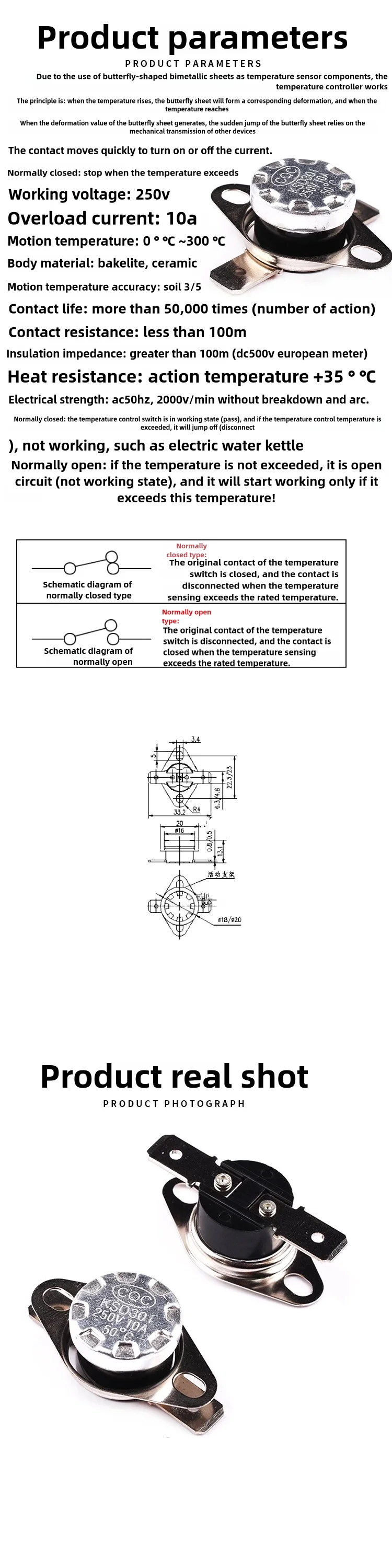 10 Stück normalerweise offener KSD301 Temperaturschalter 40-85-150 Grad 250V10A Übertemperaturschutzsensor – Detail 3