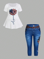 Plus Size 2 Piece Plus Size Set, Floral Print Short Sleeve Crew Neck Top and Casual Denim Trousers with Pockets and Belt