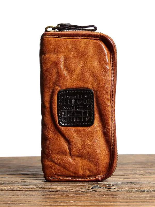 casual first layer cowhide men's women's long phone wallet vintage genuine leather large capacity ID multi-card coin purse