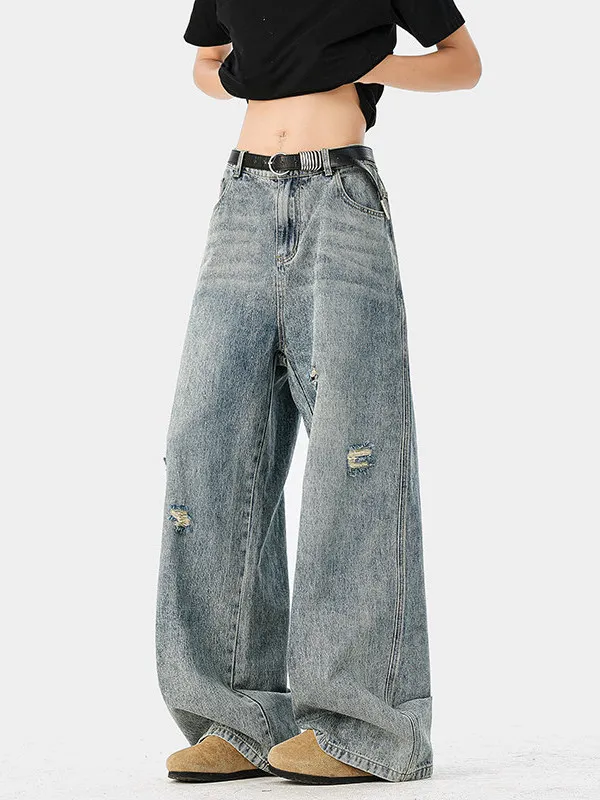 Calça Jeans Feminina Retrô Americana Estilo High Street Lavada e Desgastada, Solta, Fina, de Verão, com Perna Reta, Rasgos e ...