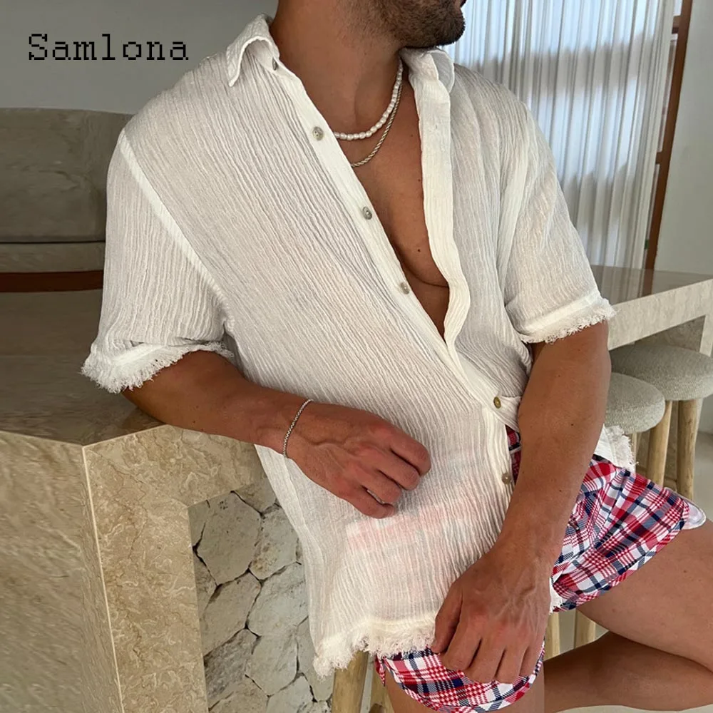 

Men Short Sleeve Board Shirt Clothing 2025 New Summer Lepal Collar Pleated Top Solid White Linen Blouse Mens Casual Beach Shirts
