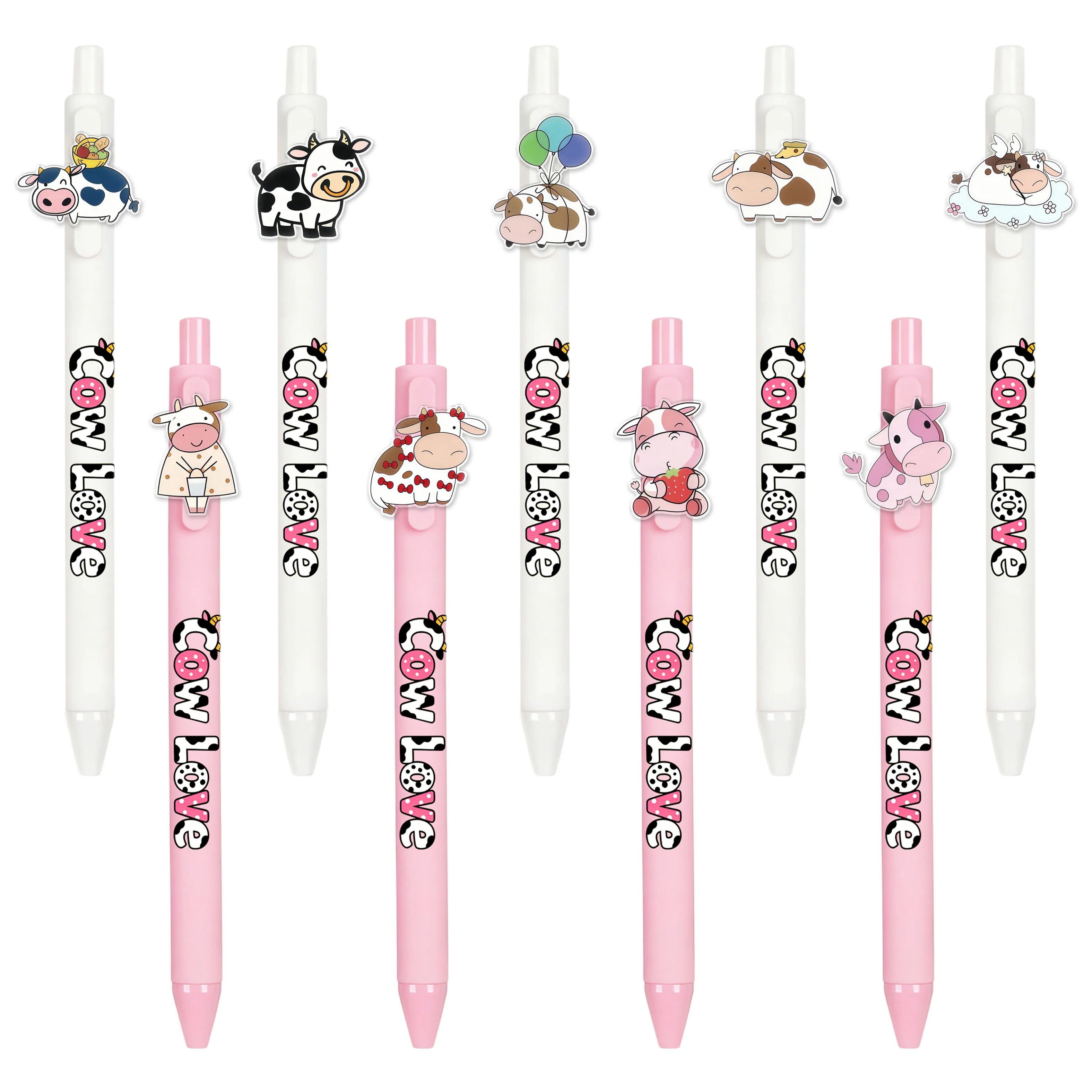 

9/18 Pcs Pink & White Cow Design Ballpoint Pens, Animal Theme Push Action Pens, Back to School Stationery