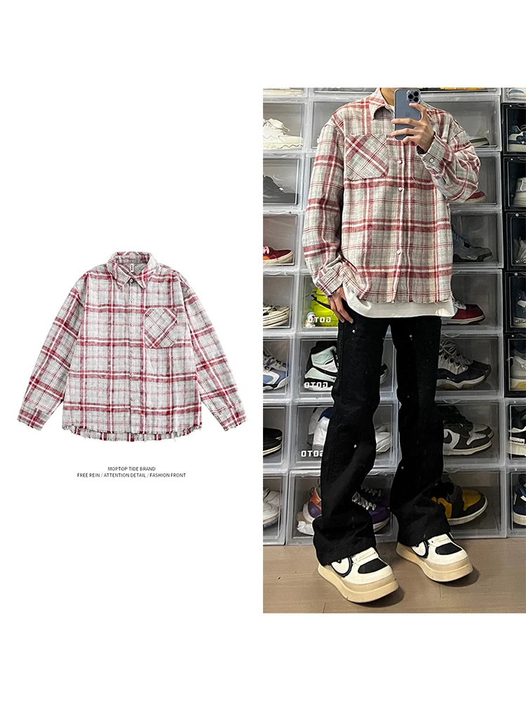 

Red Long Sve Plaid irt Loose Fit Men's Faion Casual Couple's Open Cardigan Trendy Polyester Fiber Spring Season