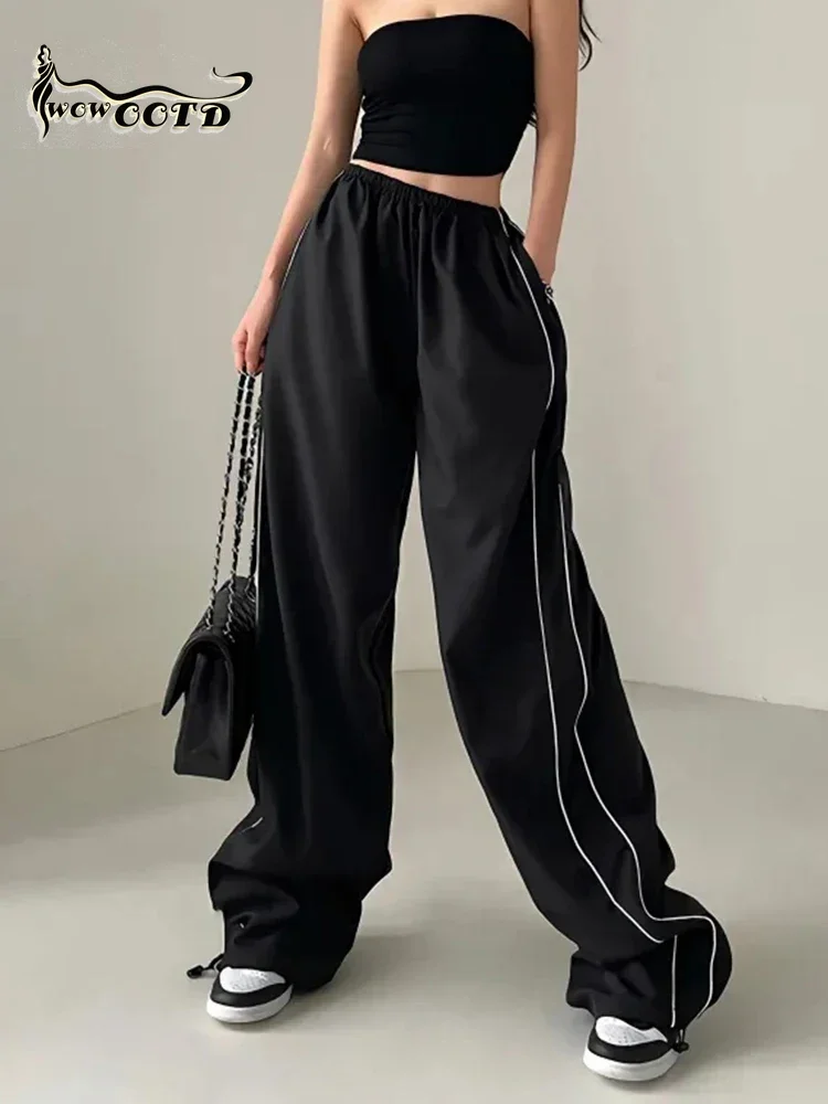 WOWOOTD Harajuku Korean Oversize Bf Trousers Women Streetwear Black Sweatpants High Quality Striped Patchwork Cargo Pants Retro