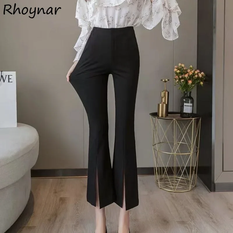 

Расклешенные брюки до щиколотки с разрезом, женские повседневные летние эластичные брюки с высокой талией, простые офисные женские модные брюки, новый дизайн, стильный молодой шик BF
