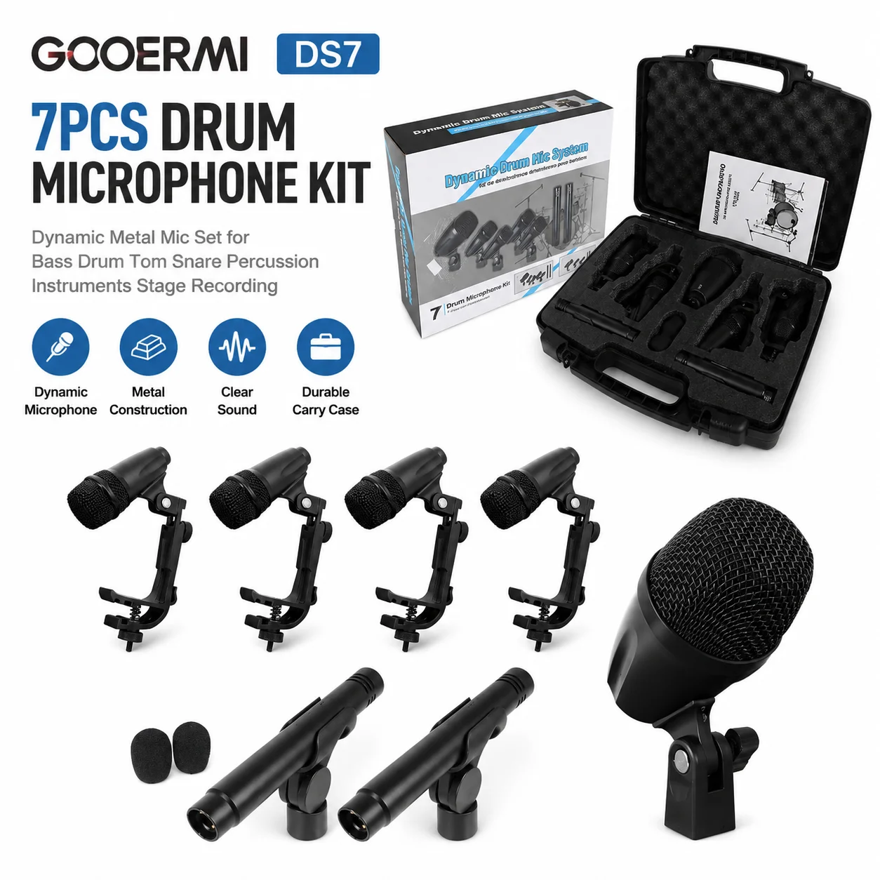 GOOERMI DS7 7pcs Drum Microphone Kit Dynamic Metal Mic Set for Bass Drum Tom Snare Percussion Instruments Stage Recording