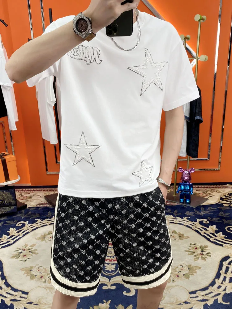 

Мужской летний модный комплект: футболка и шорты с алмазной отделкой, свободный крой, без рукавов, из смесового полиэстера и хлопка, удобная спортивная одежда