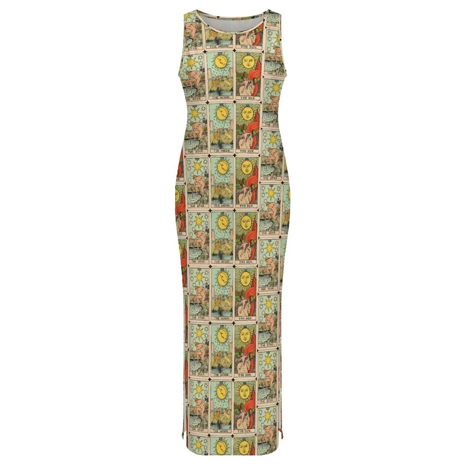 女性ボディコンドレスナイトクラブヴィンテージタロットカードマキシドレス夏日月星ノースリーブストリートファッショングラフィックドレス