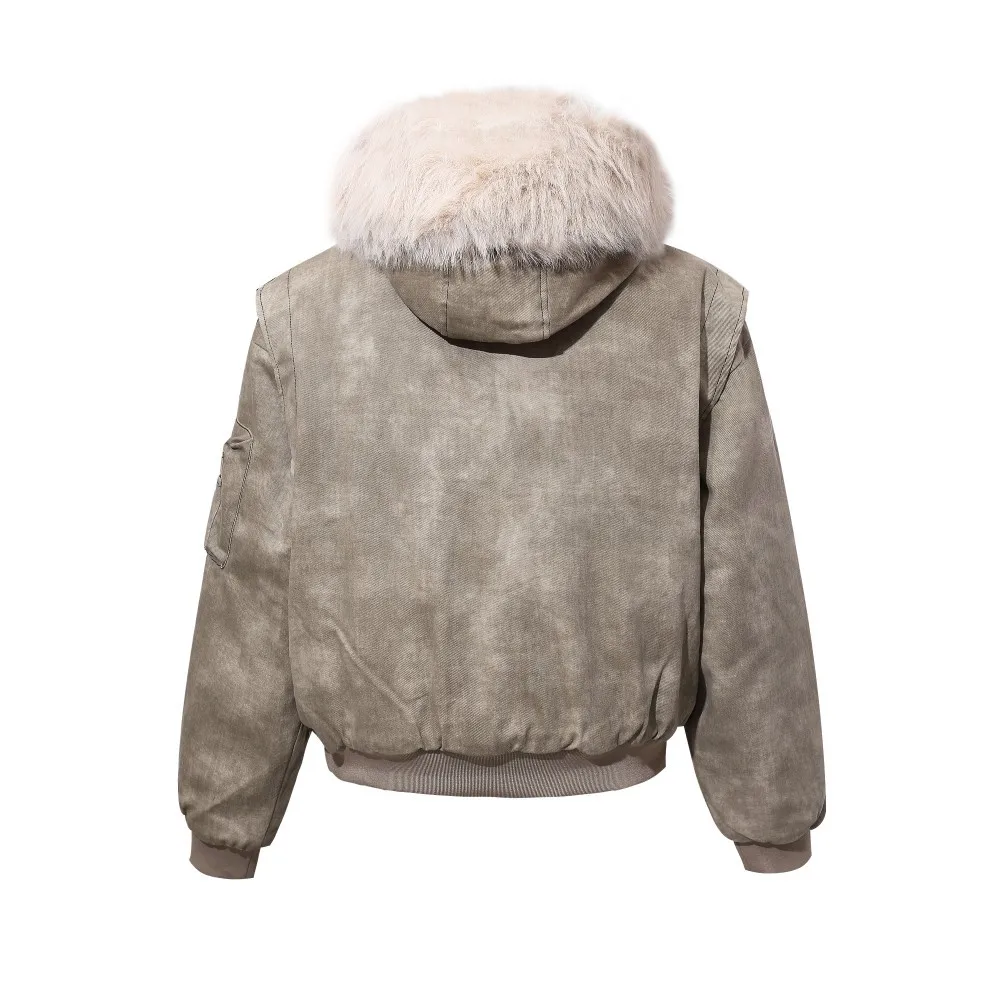 Scrap Soil Rinse To Make Outward Turned Burr Hooded Jacket With Irregular Segmentation And Splicing Loose Zipper Top Y2k