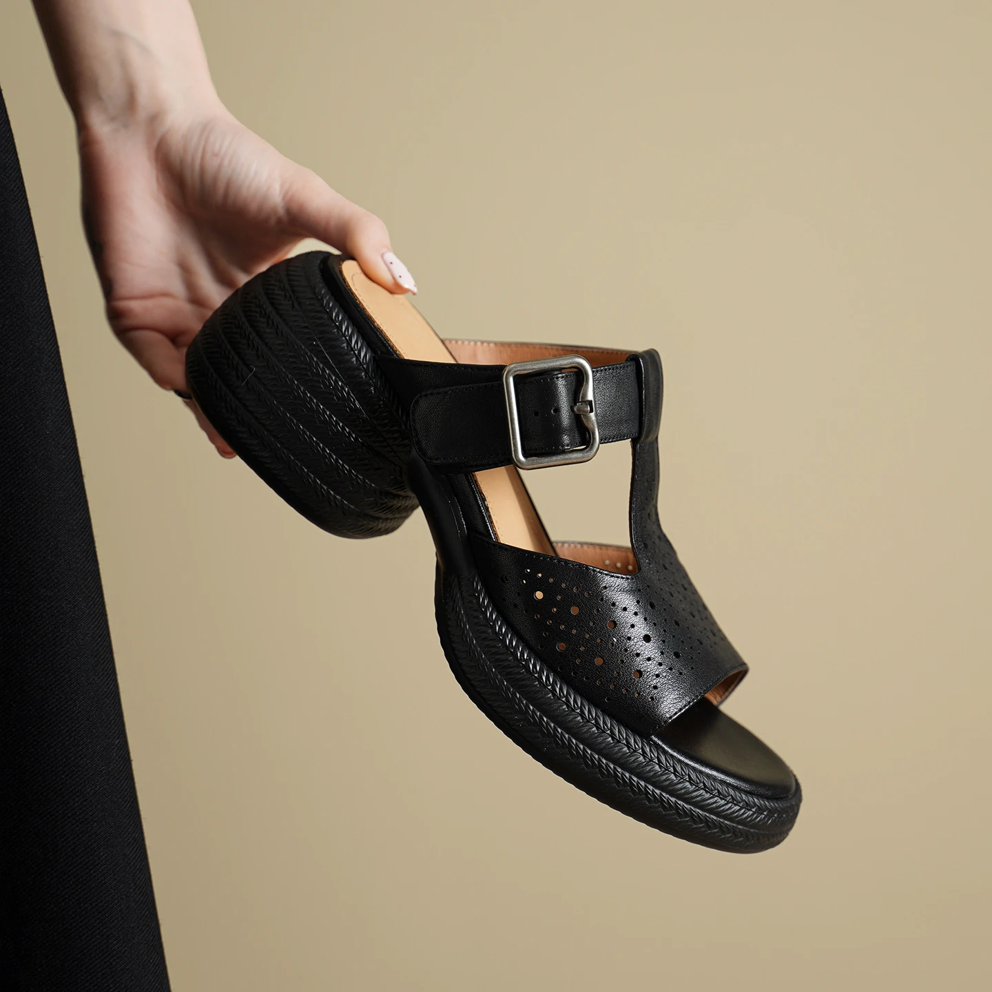 2026 new summer women sandals natural leather plus size 22-25cm cowhide+pigskin open toe buckle mules high heel women slippers