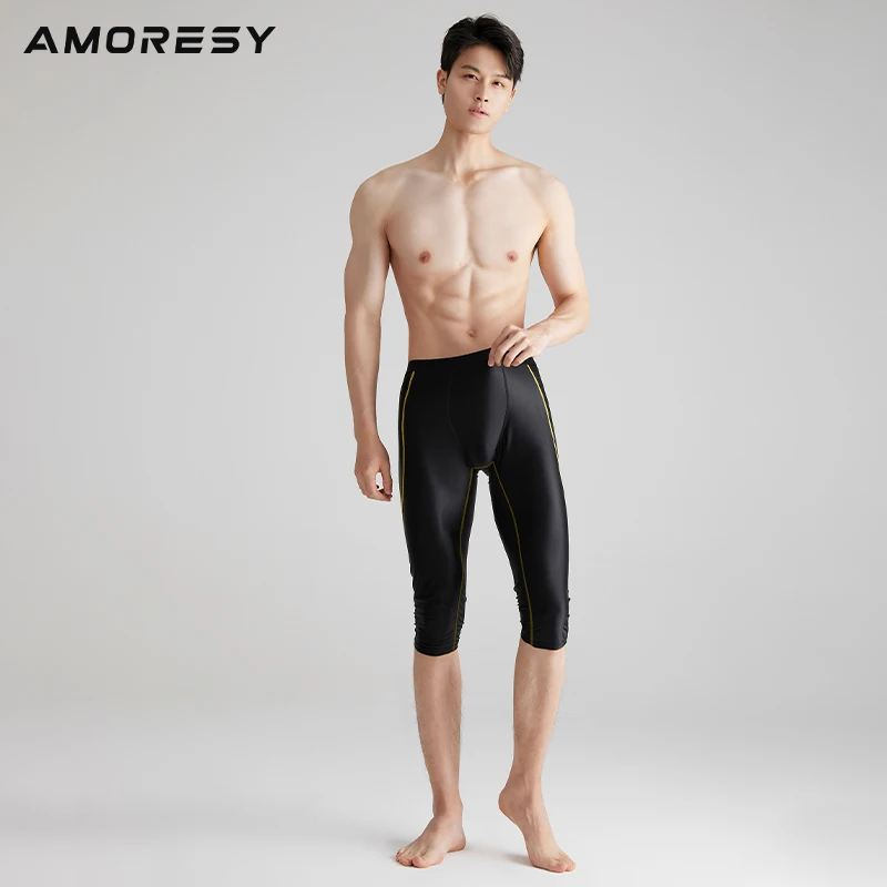 AMORESY Men\'s Shiny Gloosy Fitness Capris Breathable Running Yoga Satin Compression Leggings Sport Tights Sportswear Swim Pants