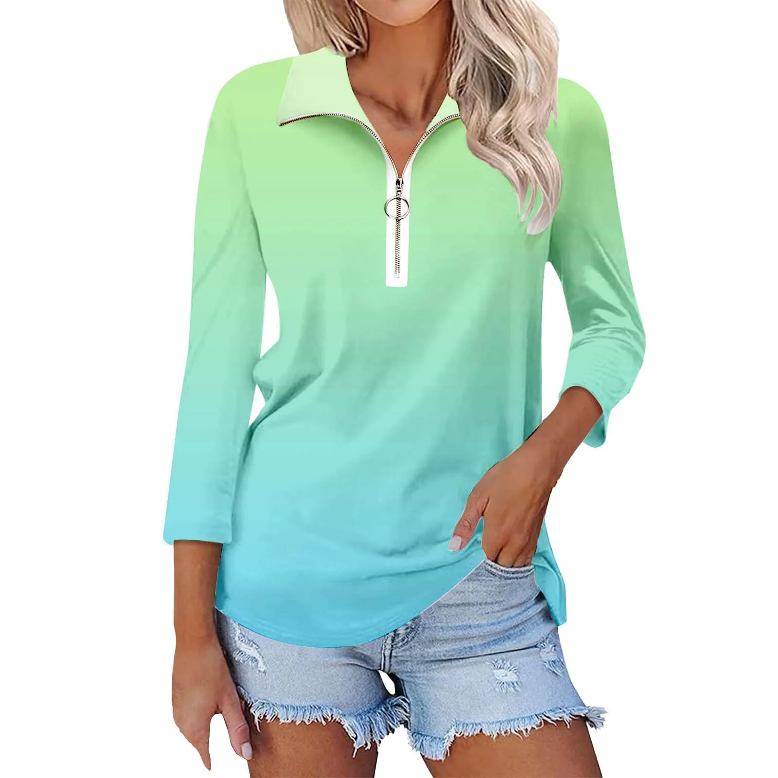 Blusa con estampado de Color degradado para mujer, Tops informales de manga larga con solapa y cremallera, camiseta de estilo básico que combina con todo para uso diario