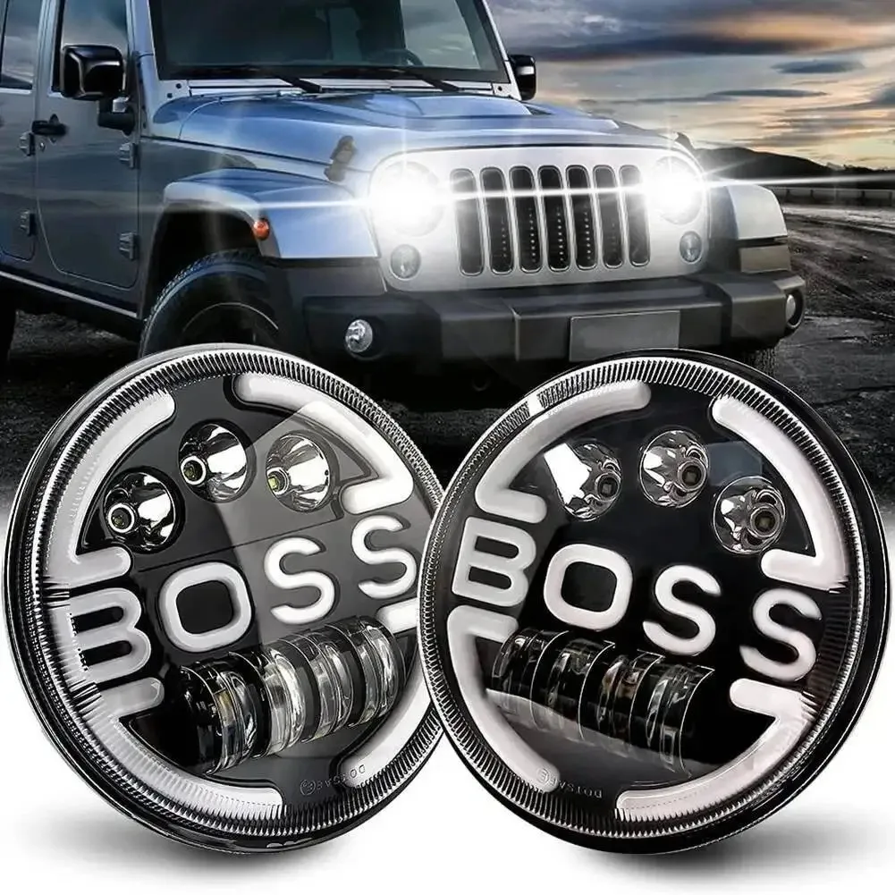 

BOSS style 7" Round Cafe Racer For Yamaha Harley Road King Jeep Wrangler Jk Halo Angel Eyes 7 Inch Motorcycle LED Headlight 12V