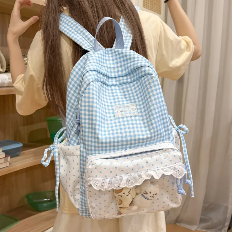 Girls Polka Dot Rucksack Large Capacity Trendy Dot Pattern School Bag with Compartments Soft Lace Daypack Commute Studying Pouch