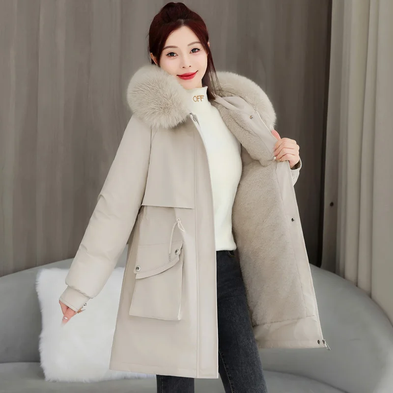 

Women's Thiened Fce Lined Cotton Jaet Winter Faion Casual Mid-Length Waist-Cinching Parka Coat Trendy Zipper Closure