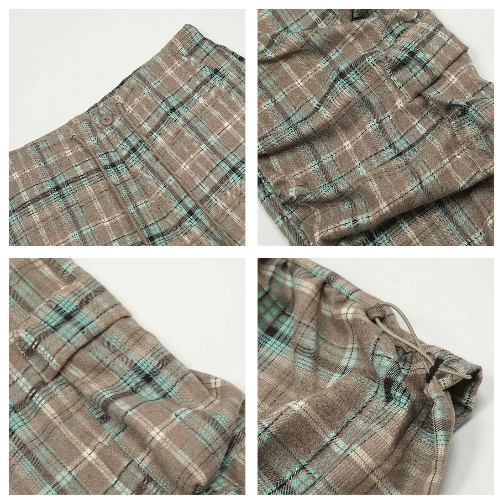 OR FL Women's American Retro Lazy Check Pattern Wide Leg Pants Slacks Baggy Staraight Multiple Pockets Crease Trousers Y2k