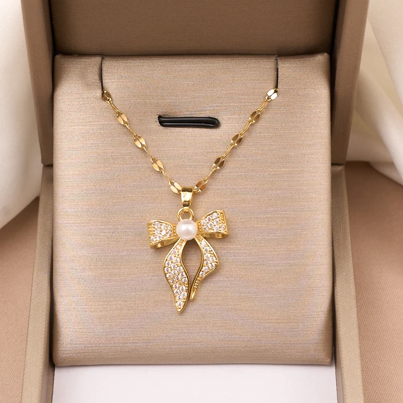 Exquisite and Gorgeous Pearl Stainless Steel Big Bow Necklace Classic Girly Dinner Clavicle Chain