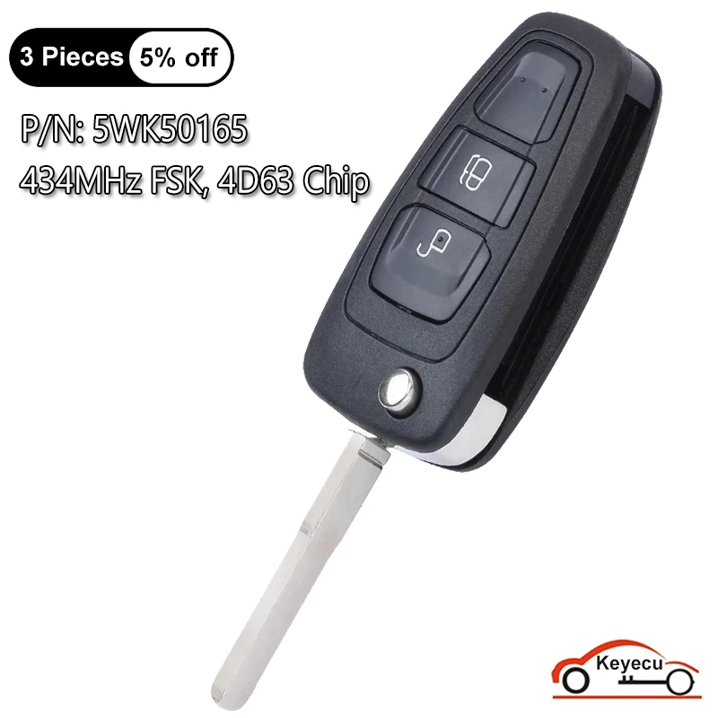 KEYECU 2 Buttons 434MHz FSK 4D63 Chip for Ford Ranger C-Max Focus 2011 2012 2013 2014 2015 Flip Remote Control Key Fob 5WK50165