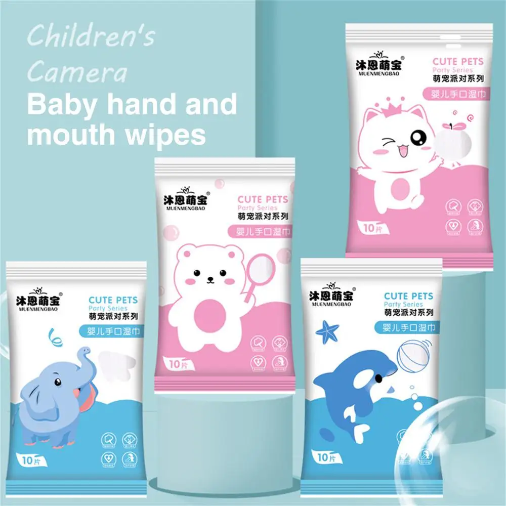 10pcs Baby Cartoon Wipes Comfortable Portable 10 Pieces Disposable Small Bag Wet Wipes Maternal And Child Shop Supermarket Gifts