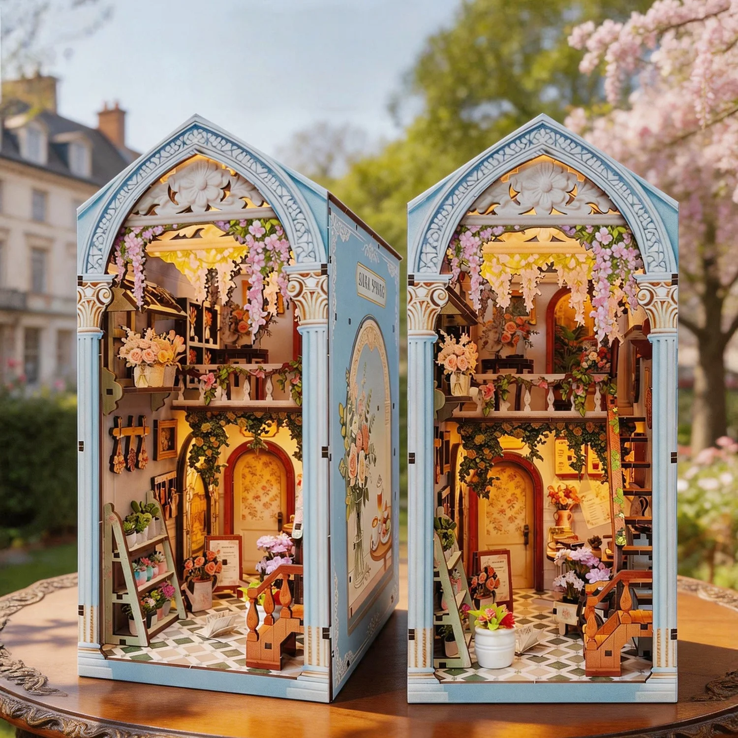 

DIY Wooden Book Nook Figurines Miniatures Woodland Flower Lane House Bookend for Friends Birthday Gifts Home Decor Crafts