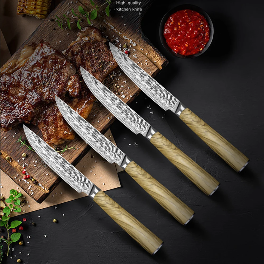 

Steak Knives Set 2/4/6 PCS Damascus Steel Blade Paring Dinner Tablewares Barbecue Kitchen Knives Cooking Tools Olive Wood Handle