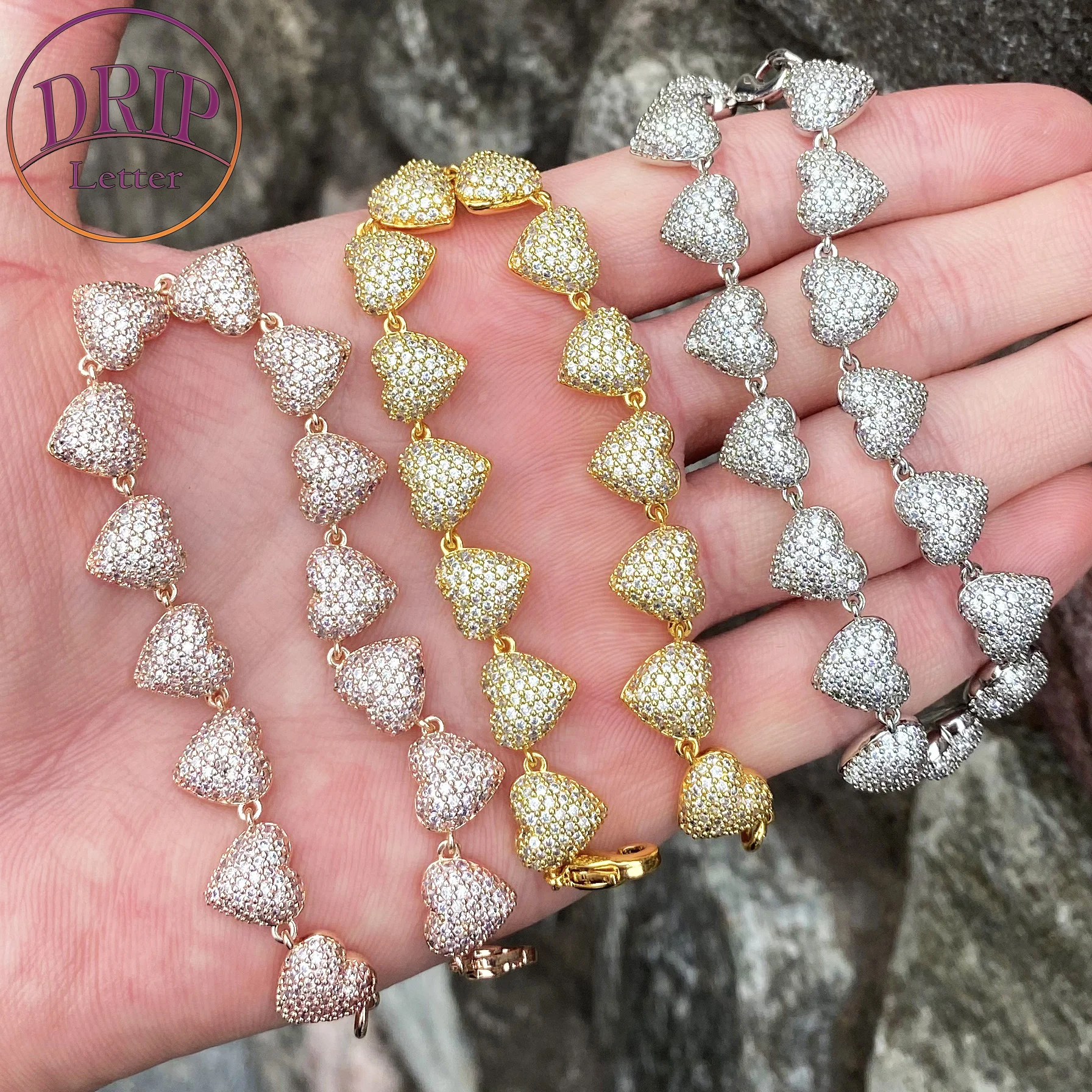 

Drip Letter Iced Out Bracelet for Women Cuban Link Chain Real Gold Plated Solid Back Hip Hop Jewelry