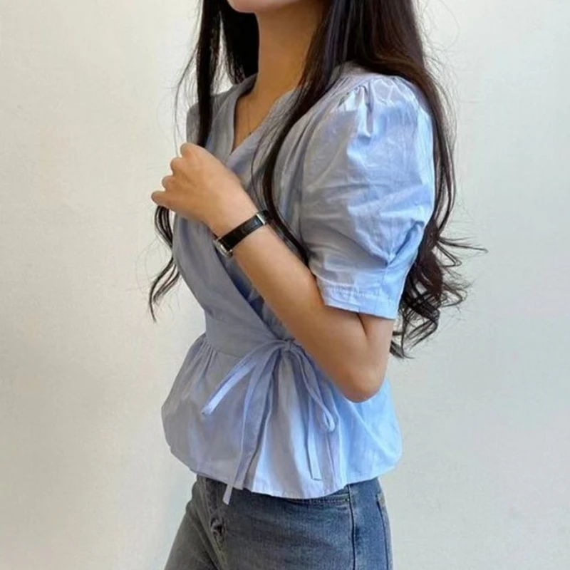 Shirts Women V-neck Lace-up Short Sleeve Flattering Waist Solid Minimalist Trendy Designed Summer All-match Korean Style Blouse