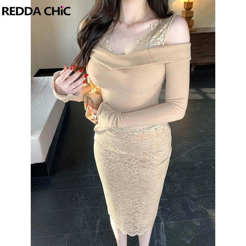 REDDACHiC Women Long Sleeve T-shirt Skirt Set Lace Stitch Off-shoulder Crop Top Lace Bodycon Midi Long Skirt Coquette Clothes