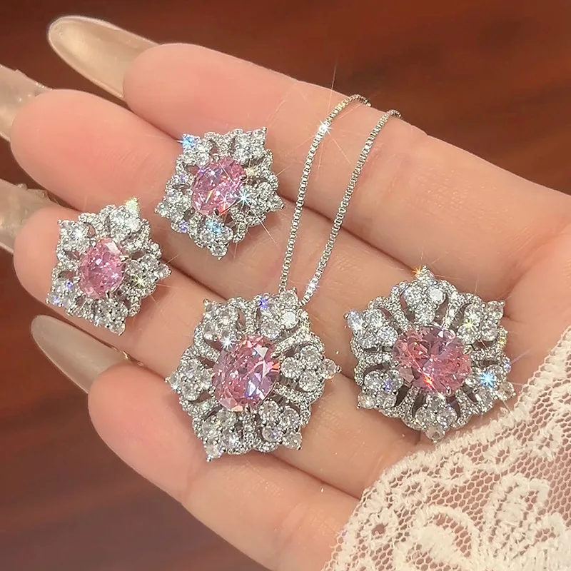 

Pink Oval Cut Halo Jewelry Adjustable Ring Earring Pendant Necklace with Sparkling CZ Floral Design Statement Fashion for Women