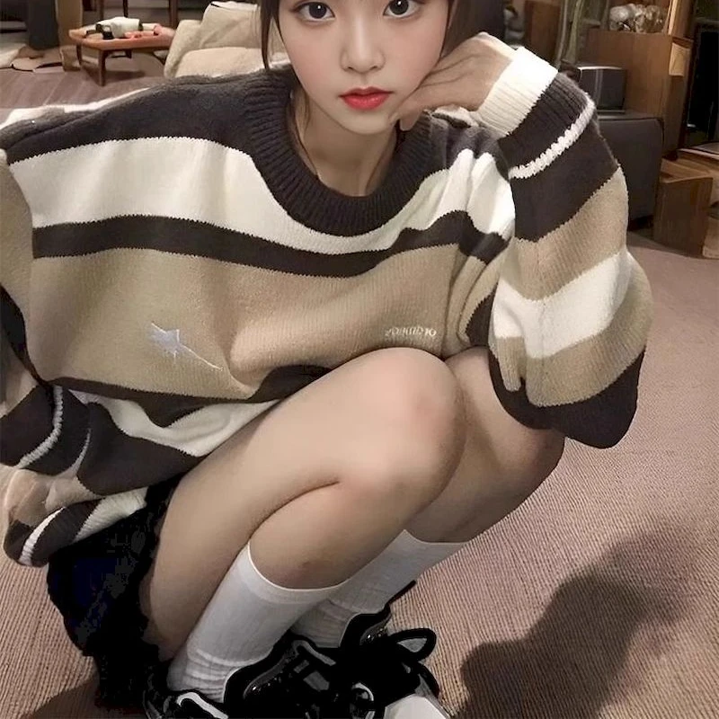 Harajuku Vintage Striped Oversized Sweaters Women 2024 Autumn Winter Korean Casual Loose Knitted Pullover Female Jumper Y2k Tops