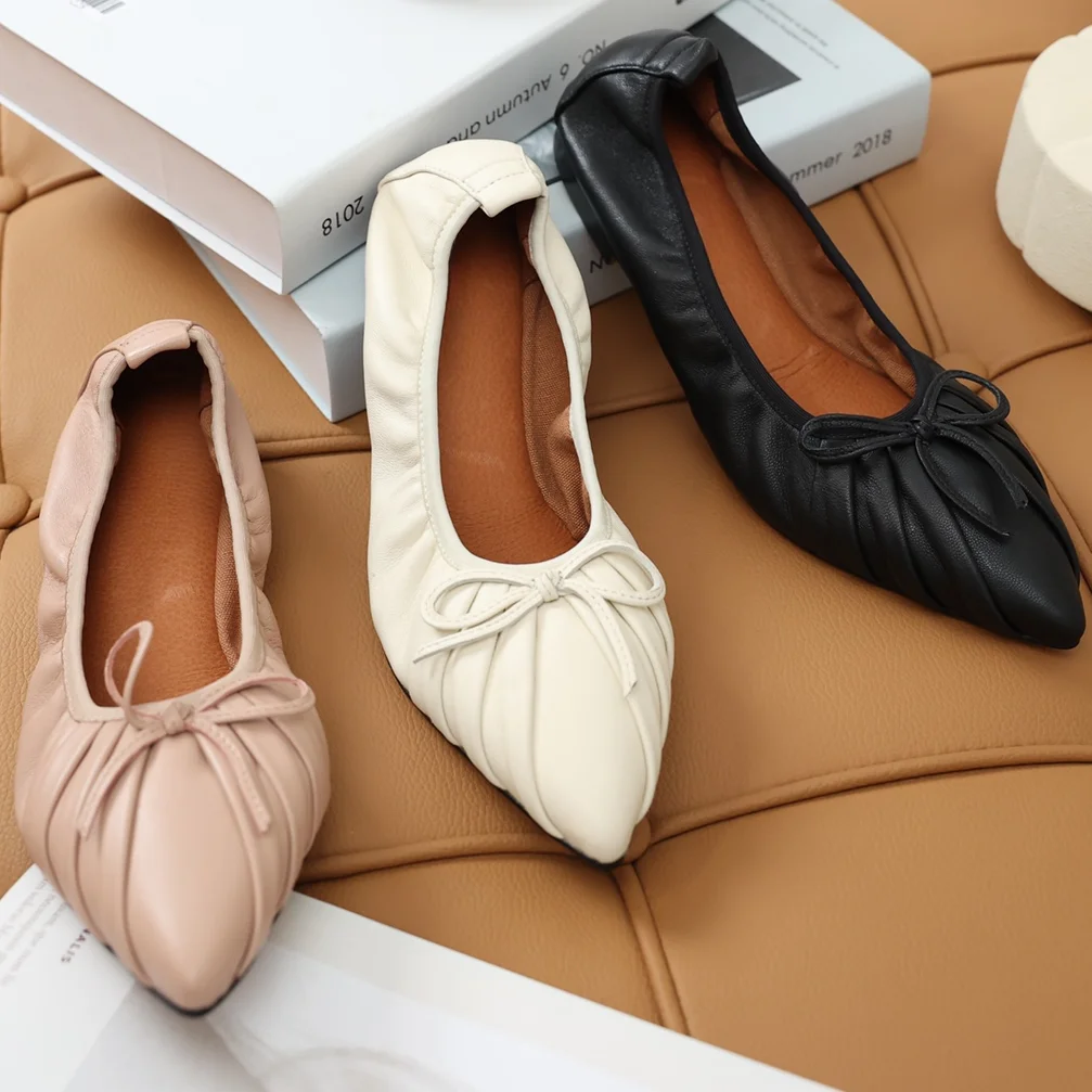 

2023 Early Spring New Pleated Bowknot Dancing Shoes Sheepskin Women Shoes