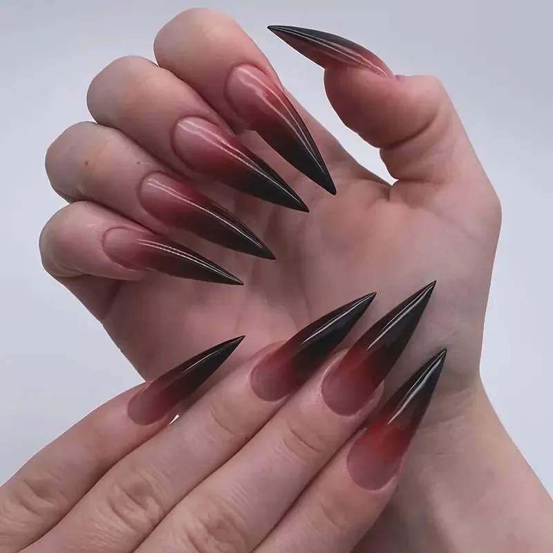 24 uñas postizas negras brillantes, punta stiletto larga, color sólido, removibles, decorativas 2