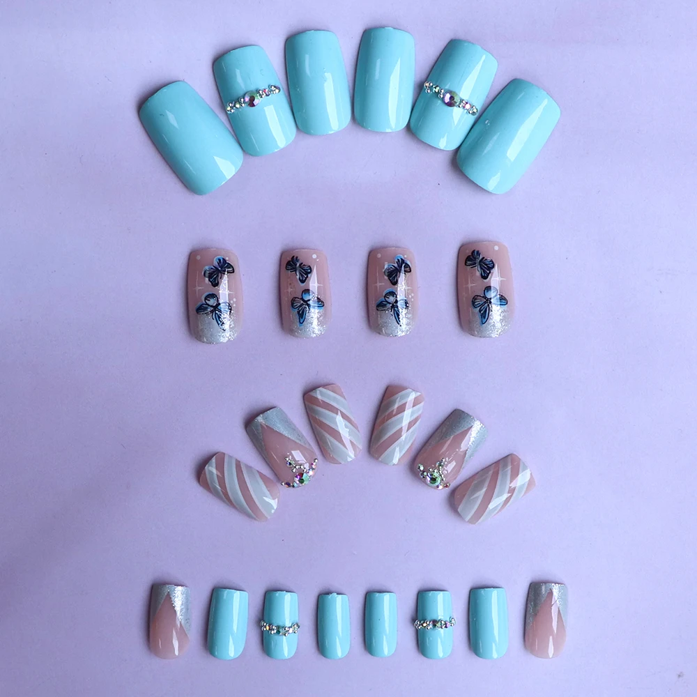 24pcs glitter press on nails short square love design fake press on nails 3D blue cute nail press on acyrlic nails unghie economiche